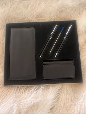 Black Leather Wallet & Card Case Gift Set with Black Pens